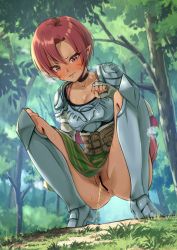 Rule 34 | 1girl, anus, armor, armored boots, ass, bar censor, blush, body markings, boots, breasts, censored, choker, cleavage, commission, facial mark, fingerless gloves, forest, gloves, grass, highres, kapurikon, looking down, medium breasts, nature, no panties, outdoors, peeing, phia mell, pointy ears, pubic hair, pussy, red eyes, red hair, short hair, skirt, solo focus, squatting, star ocean, star ocean anamnesis, star ocean first departure, straining, sweat, tail