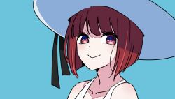 Rule 34 | 1girl, arima kana, bare shoulders, black ribbon, blue background, bob cut, chinese commentary, closed mouth, collarbone, commentary request, dress, hat, hat ribbon, highres, idol (yoasobi), inverted bob, looking at viewer, oshi no ko, red eyes, red hair, ribbon, short hair, shuoruoranxing, simple background, sleeveless, sleeveless dress, smile, solo, sun hat, upper body, white dress, white hat, yoasobi