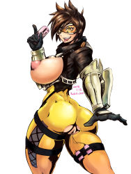 Rule 34 | 1girl, absurdres, ass, bodysuit, breasts, breasts out, brown eyes, brown hair, crotchless, curvy, gloves, highres, huge breasts, jacket, nipples, open mouth, overwatch, overwatch 1, puffy nipples, redchicken, sex toy, short hair, smile, solo, thick thighs, thighs, tongue, tongue out, tracer (overwatch), vibrator, wide hips