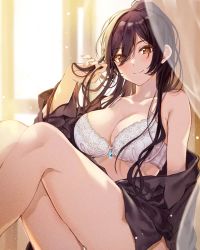 Rule 34 | 1girl, backlighting, bare shoulders, black hair, black shirt, blush, bra, breasts, cleavage, closed mouth, collarbone, curtains, hair between eyes, hamu (plot sy), high ponytail, idolmaster, idolmaster shiny colors, knees up, large breasts, long hair, long sleeves, looking at viewer, off shoulder, open clothes, open shirt, ponytail, shirase sakuya, shirt, sitting, smile, solo, thighs, underwear, white bra, window, yellow eyes