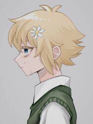 Rule 34 | 0tz026, 1boy, basil (faraway) (omori), basil (omori), blonde hair, blue eyes, closed mouth, collared shirt, crying, crying with eyes open, flower, green sweater vest, grey background, hair flower, hair ornament, highres, omori, shirt, short hair, short sleeves, simple background, solo, sweater vest, tears, upper body, white shirt
