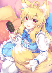 Rule 34 | ahoge, animal ear fluff, animal ears, blonde hair, blue bow, blush, bow, brush, cushion, dress, fox ears, fox tail, frilled dress, frills, long hair, looking at viewer, open mouth, original, pantyhose, red eyes, roshin, sitting, solo, tail, tail brushing, white pantyhose