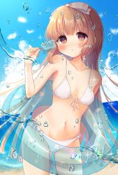 Rule 34 | 1girl, bare shoulders, beach, bikini, blunt bangs, blush, breasts, brown eyes, brown hair, cleavage, collarbone, cowboy shot, day, dot nose, food, front-tie bikini top, front-tie top, hair ribbon, hand up, highres, holding, holding food, holding popsicle, idolmaster, idolmaster cinderella girls, idolmaster cinderella girls starlight stage, innertube, long hair, looking at viewer, midriff, navel, ocean, ogakororomi, outdoors, parted lips, popsicle, ribbon, see-through, small breasts, smile, solo, splashing, swim ring, swimsuit, very long hair, white bikini, white ribbon, yorita yoshino