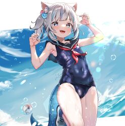 Rule 34 | 1girl, animal ear fluff, animal ears, armpits, bare shoulders, bloop (gawr gura), blue eyes, blue hair, blue nails, blush, cat ears, covered erect nipples, covered navel, cube hair ornament, dongchuan, fins, fish tail, gawr gura, grey hair, hair ornament, hat, highres, hololive, hololive english, looking at viewer, multicolored hair, nail polish, one-piece swimsuit, shark girl, shark tail, sharp teeth, shoes, side ponytail, sneakers, streaked hair, swimsuit, tail, teeth, virtual youtuber, white hair