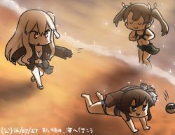 Rule 34 | 3girls, abyssal ship, aircraft carrier princess, all fours, ball, beach, bikini, closed eyes, commentary request, dancing, dated, dusk, closed eyes, hamu koutarou, jacket, kantai collection, long hair, multiple girls, one side up, open clothes, open jacket, red eyes, sparkle, swimsuit, throwing, tokitsukaze (kancolle), twintails, u u, zui zui dance, zuikaku (kancolle)