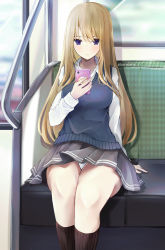 Rule 34 | 1girl, absurdres, black legwear, black skirt, blonde hair, blue sweater vest, breasts, cellphone, closed mouth, collared shirt, commentary request, highres, holding, holding phone, legs together, long hair, medium breasts, original, panties, pantyshot, phone, pleated skirt, purple eyes, school uniform, shirt, sitting, skirt, smartphone, smartphone case, sukuemon, sweater vest, thighs, train, train interior, twitter username, underwear, white panties, white shirt, window