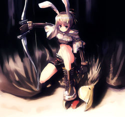 Rule 34 | 1girl, animal ears, bird, blonde hair, blush, boots, bow, bracelet, rabbit ears, crop top, eagle, elbow gloves, full body, gloves, hunter, hunter (ragnarok online), jewelry, looking at viewer, midriff, on one knee, ragnarok online, refeia, serious, short hair, shorts, solo