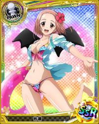 Rule 34 | 10s, 1girl, barefoot, bikini, breasts, brown eyes, card (medium), character name, chess piece, cleavage, collarbone, demon wings, flower, front-tie bikini top, front-tie top, hair flower, hair ornament, hairband, hibiscus, high school dxd, innertube, katase (high school dxd), looking at viewer, medium breasts, official art, open clothes, open mouth, pawn (chess), pink hair, red flower, see-through, shiny skin, short hair, solo, swim ring, swimsuit, trading card, white hairband, wings