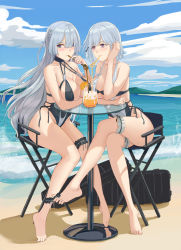 Rule 34 | 2girls, ak-15 (girls&#039; frontline), alcohol, ankle strap, bag, bare shoulders, beach, blue eyes, blue sky, blush, braid, breasts, cleavage, cloud, collarbone, commentary request, cup, day, drinking, drinking glass, drinking straw, girls&#039; frontline, hair around ear, hair between eyes, hair over one eye, tucking hair, large breasts, long hair, looking at another, looking to the side, md5 mismatch, moran (pixiv27824646), multiple girls, ocean, one-piece swimsuit, photoshop (medium), purple eyes, rpk-16 (girls&#039; frontline), sand, scenery, shore, short hair, silver hair, single braid, sitting, sky, swimsuit, table, thigh strap, underboob, water, waves
