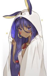Rule 34 | 1girl, :t, animal ears, artist name, blue eyes, blue hair, blush, breasts, competition swimsuit, dark-skinned female, dark skin, facial mark, fate/grand order, fate (series), hair between eyes, highres, medium breasts, mochii, nitocris (fate), nitocris (fate/grand order), nitocris (swimsuit assassin) (fate), nitocris (swimsuit assassin) (second ascension) (fate), one-piece swimsuit, rabbit ears, solo, swimsuit, v-shaped eyebrows, white background, white one-piece swimsuit