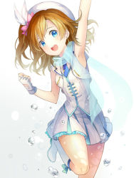 Rule 34 | 10s, 1girl, arm up, armpits, beret, blue eyes, brown hair, feather beret, fingerless gloves, frills, gloves, hat, hat feather, kosaka honoka, love live!, love live! school idol project, rio.lw, side ponytail, simple background, solo, water, water drop, white background, wonderful rush