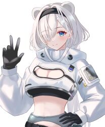 Rule 34 | 1girl, alternate hair length, alternate hairstyle, animal ears, arknights, aurora (arknights), bear ears, black gloves, black hairband, black shirt, blue eyes, breasts, cleavage, cleavage cutout, clothing cutout, commentary request, crop top, fanteam, gloves, hair over one eye, hairband, hand on own hip, hand up, highres, jacket, large breasts, long sleeves, looking at viewer, midriff, navel, revision, shirt, short hair, simple background, smile, solo, stomach, upper body, white background, white hair, white jacket