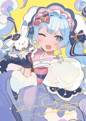 Rule 34 | 1girl, animal, black bow, black gloves, blue eyes, blue hair, blue kimono, bow, commentary, fur-trimmed kimono, fur trim, gloves, hair bow, hands up, hassan (sink916), hatsune miku, highres, holding, holding animal, japanese clothes, kimono, light blue hair, long hair, looking at viewer, maid headdress, one eye closed, open mouth, rabbit, rabbit yukine, red bow, sidelocks, simple background, smile, striped, striped bow, translation request, twintails, upper body, vocaloid, yellow background, yuki miku, yuki miku (2023)