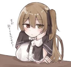 Rule 34 | 1girl, :/, arm on table, arm under breasts, assault lily, black capelet, black ribbon, blush, breasts, brown eyes, brown hair, capelet, chair, closed mouth, detached sleeves, elbow on table, hair between eyes, hair ribbon, hand on own cheek, hand on own face, head rest, heterochromia, highres, kuo shenlin, long hair, looking at viewer, medium breasts, neck ribbon, on chair, one side up, red eyes, ribbon, school uniform, shirt, simple background, sitting, solo, table, translated, upper body, white background, white shirt, yubari lemon (lemonlilie), yurigaoka girls academy school uniform