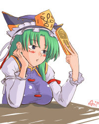 Rule 34 | 1girl, adjusting clothes, adjusting headwear, arm strap, blue eyes, blush, breast rest, breasts, breasts on table, covered erect nipples, epaulettes, face, female focus, green hair, grey eyes, hat, head tilt, highres, large breasts, leaning forward, long hair, rod of remorse, shiki eiki, shirt, simple background, sitting, sketch, sleeveless, sleeveless shirt, solo, table, taut clothes, taut shirt, touhou, white background, yuro (yuroaoj)