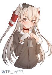 Rule 34 | 1girl, absurdres, amatsukaze (kancolle), blush, brown dress, brown eyes, dress, gloves, grey hair, grey neckerchief, hair tubes, hairband, hat, highres, kantai collection, long hair, long sleeves, looking at viewer, mini hat, neckerchief, sailor collar, sailor dress, short dress, single glove, smokestack hair ornament, solo, tf cafe, twitter username, two side up, upper body, white background, white sailor collar