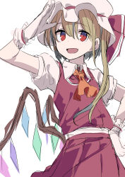 Rule 34 | 1girl, absurdres, blonde hair, crystal, flandre scarlet, gloves, hat, highres, looking at viewer, mob cap, open mouth, red eyes, ribbon, salute, short hair, side ponytail, simple background, skirt, smile, solo, tetuw, touhou, wings