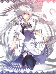 Rule 34 | 1girl, black thighhighs, braid, breasts, embodiment of scarlet devil, female focus, full body, garter straps, high heels, izayoi sakuya, knife, maid, maid headdress, open mouth, red eyes, ryunag, shoes, short hair, silver hair, solo, stopwatch, thighhighs, touhou, twin braids, watch, white background
