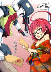 Rule 34 | 1girl, ahoge, ahoge-chan (ogami kazuki), bare shoulders, black-framed eyewear, body writing, brown pants, clothed robot, commentary request, english text, fang, floral print, glasses, green shirt, hagoita, highres, holding, japanese clothes, kimono, long hair, long sleeves, obi, off shoulder, ogami kazuki, open mouth, original, paddle, pants, pink hair, print kimono, red eyes, red kimono, robot, sash, shirt, sleeveless, sleeveless shirt, solo, tally, torn clothes, torn shirt, translation request, wide sleeves