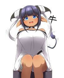 Rule 34 | 1girl, :d, absurdres, arm support, bandaged leg, bandages, black choker, blue eyes, blunt bangs, blush, breasts, choker, commentary request, cow horns, cow tail, dark-skinned female, dark skin, dress, highres, horns, idaten93, large breasts, open mouth, original, personification, pointy ears, purple hair, round teeth, sidelocks, simple background, sitting, smile, solo, tail, teeth, upper teeth only, white background, white dress