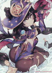 Rule 34 | 1girl, ass, black hair, blue eyes, blush, bodysuit, bodysuit under clothes, breasts, cape, detached sleeves, from above, from behind, genshin impact, gloves, hair ornament, hat, highres, leotard, long hair, looking at viewer, looking back, looking up, medium breasts, mona (genshin impact), pantyhose, parororo, shiny clothes, shiny skin, sideboob, smile, solo, thighlet, twintails, very long hair, water