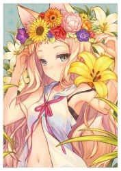 Rule 34 | 1girl, animal ears, armpits, bad id, bad pixiv id, bare arms, bare shoulders, blonde hair, blue eyes, blush, character request, closed mouth, collarbone, dress, flower, fox ears, hair flower, hair ornament, highres, hoshi wo mawaru majotachi, lily (flower), long hair, navel, neck ribbon, orange flower, pierorabu, pink flower, pink ribbon, purple flower, red flower, ribbon, sailor collar, sailor dress, sleeveless, sleeveless dress, solo, very long hair, white dress, white sailor collar, yellow flower