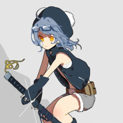 Rule 34 | 1girl, ahoge, bare shoulders, belt, black jacket, closed mouth, fur trim, glasses, glint, grey background, grey hair, grey shorts, hat, holding, holding sword, holding weapon, jacket, katana, looking at viewer, lowres, open clothes, open jacket, orange eyes, original, pouch, scabbard, semi-rimless eyewear, sheath, short shorts, shorts, sleeveless, sleeveless jacket, solo, sword, under-rim eyewear, unsheathing, weapon