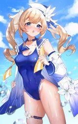 Rule 34 | 1girl, :p, barbara (genshin impact), barbara (summertime sparkle) (genshin impact), blonde hair, blue choker, blue eyes, blue one-piece swimsuit, blue sailor collar, blush, bowtie, breasts, choker, commentary request, cowboy shot, day, detached sleeves, flower, genshin impact, hat, highres, ichibi, jacket, long hair, long sleeves, looking at viewer, medium breasts, neck ribbon, official alternate costume, one-piece swimsuit, open clothes, open jacket, ribbon, sailor collar, sailor hat, sidelocks, sky, solo, swimsuit, thigh strap, tongue, tongue out, twintails, undone bowtie, undone neck ribbon, wet, white flower, white hair, white jacket, yellow ribbon