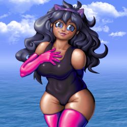 Rule 34 | 1girl, alternate skin color, artist request, blush, breasts, creatures (company), day, game freak, gloves, hairband, hex maniac (pokemon), highres, messy hair, nintendo, npc trainer, ocean, one-piece swimsuit, pokemon, pokemon xy, skindentation, sky, smile, swimsuit, thighhighs