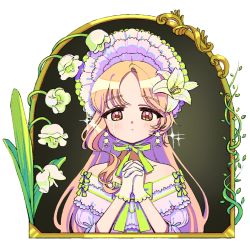 Rule 34 | 1girl, blonde hair, blush, bonnet, crying, dress, earrings, flower, flower earrings, frills, frown, gloves, hair flower, hair ornament, hands up, highres, jewelry, lily of the valley, long hair, looking at viewer, off-shoulder dress, off shoulder, original, own hands clasped, own hands together, parted bangs, picture frame, pink eyes, plant, puffy short sleeves, puffy sleeves, q yan31, ribbon, short sleeves, sleeve bow, solo, sparkle, thick eyebrows, vines