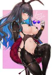 Rule 34 | 1girl, absurdres, animal ears, black hair, blue hair, blunt bangs, bow, bowtie, bracelet, breasts, colored inner hair, commentary request, covered erect nipples, crotchless, crotchless pantyhose, eyeliner, unworn eyewear, fake animal ears, fate/grand order, fate (series), gloves, grey eyes, highres, jewelry, large breasts, leotard, long hair, long sleeves, looking at viewer, maebari, makeup, meme attire, multicolored hair, navel, pantyhose, pasties, playboy bunny, rabbit ears, revealing clothes, reverse bunnysuit, reverse outfit, round eyewear, shrug (clothing), sidelocks, sitting, solo, stool, sunglasses, tenochtitlan (fate), thighs, ura illust, white gloves