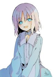 Rule 34 | 1girl, :d, absurdres, blue dress, blue eyes, blush, collared dress, commentary request, dress, fate/prototype, fate (series), frilled shirt collar, frills, hair between eyes, head tilt, highres, long sleeves, looking at viewer, open mouth, purple hair, sajou manaka, signature, simple background, smile, sofra, solo, white background