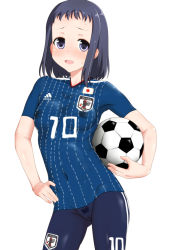 Rule 34 | 1girl, ball, black hair, blush, bodypaint, breasts, female pubic hair, looking at viewer, medium breasts, naked paint, nipples, nude, open mouth, painted clothes, pubic hair, purple eyes, pussy, saki (manga), seushiki (ponti-ron), short hair, smile, soccer, soccer ball, solo, standing, uncensored, world cup