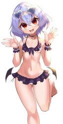 Rule 34 | 1girl, :d, bat wings, bikini, black bikini, black choker, breasts, choker, cleavage, commentary request, derivative work, fang, frilled bikini, frills, fub (fubimanji), heart, heart-shaped eyewear, highres, looking at viewer, navel, open mouth, purple hair, red eyes, remilia scarlet, short hair, simple background, small breasts, smile, solo, swimsuit, touhou, white background, wings, wrist cuffs