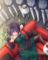 Rule 34 | 6+girls, antenna hair, aritoki ritsu, black hair, blood, breasts, corvette (ko ru), couch, dress, elbow gloves, fishnets, flower, gloves, highres, impossible clothes, impossible dress, knife, legs, licking, maid, multiple girls, naughty face, original, pantyhose, pillow, red eyes, red upholstery, short hair, sitting, solo focus, thighs, v arms, white legwear, wrist cuffs