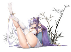 Rule 34 | 1girl, absurdres, ass, asymmetrical legwear, azur lane, blue eyes, breasts, chinese commentary, cleavage, closed mouth, commentary request, cone hair bun, dated, detached sleeves, feet, full body, hair between eyes, hair bun, hair intakes, hand up, highres, janload1ng, large breasts, legs up, long hair, long sleeves, looking at viewer, multicolored hair, no shoes, panties, purple hair, silver hair, simple background, single sock, single thighhigh, sitting, smile, socks, solo, split-color hair, thighhighs, tiara, two-tone hair, underwear, uneven legwear, very long hair, white panties, white socks, ying swei (azur lane)