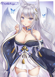 Rule 34 | 1girl, absurdres, animal ears, azur lane, bare shoulders, blunt bangs, breasts, bug, butterfly, choker, cleavage, collarbone, commentary request, eyes visible through hair, fox ears, fox girl, fox tail, grey eyes, hair ornament, highres, insect, japanese clothes, kimono, kitsune, kyuubi, large breasts, long hair, looking at viewer, makihige, mole, mole under eye, multiple tails, off shoulder, parted lips, pleated skirt, shinano (azur lane), sidelocks, silver hair, simple background, skirt, solo, tail, thighhighs, twitter username, white thighhighs, wide sleeves, zettai ryouiki