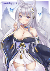 1girl absurdres animal_ears azur_lane bare_shoulders blunt_bangs breasts bug butterfly choker cleavage collarbone commentary_request eyes_visible_through_hair fox_ears fox_girl fox_tail grey_eyes hair_ornament highres insect japanese_clothes kimono kitsune kyuubi large_breasts long_hair looking_at_viewer makihige mole mole_under_eye multiple_tails off_shoulder parted_lips pleated_skirt shinano_(azur_lane) sidelocks silver_hair simple_background skirt solo tail thighhighs twitter_username white_thighhighs wide_sleeves zettai_ryouiki