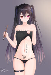 Rule 34 | &gt;:(, 1girl, absurdres, ahoge, bare arms, bare shoulders, black camisole, black hair, black nails, black panties, blue ribbon, blush, body writing, bow, bow panties, breasts, butterfly tattoo, calligraphy, calligraphy brush, camisole, camisole lift, cc lin, chinese commentary, closed mouth, clothes lift, collarbone, commentary request, cowboy shot, curvy, double-parted bangs, eyelashes, female focus, frilled camisole, frills, frown, gradient background, grey background, groin, hair between eyes, hair ribbon, hands up, heterochromia, highres, holding, holding brush, ink, legs together, lifted by self, long hair, looking at viewer, looking to the side, medium breasts, midriff, nail polish, navel, no bra, original, paintbrush, panties, partially visible vulva, pixiv username, purple bow, purple eyes, red eyes, red nails, ribbon, shy, sidelighting, simple background, skindentation, solo, standing, stomach, stomach tattoo, straight-on, straight hair, tattoo, thigh gap, thigh strap, thighs, translation request, two side up, underboob, underwear, v-shaped eyebrows, very long hair