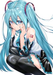 Rule 34 | 1girl, absurdres, adapted costume, aqua eyes, aqua hair, aqua nails, bare shoulders, black thighhighs, breasts, detached sleeves, frilled skirt, frills, hatsune miku, hatsune miku (vocaloid4) (chinese), headset, highres, long hair, medium breasts, nail polish, necktie, parted lips, pleated skirt, rachel bouvier, sidelocks, skirt, smile, solo, squatting, tattoo, thighhighs, tie clip, twintails, very long hair, vocaloid, zettai ryouiki