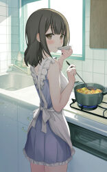 Rule 34 | 1girl, absurdres, apron, blue dress, blush, brown eyes, brown hair, cabinet, closed mouth, cooking, cowboy shot, dress, echiru39, faucet, frilled dress, frills, from behind, highres, holding, indoors, ladle, long hair, looking at viewer, looking back, original, sleeping, smile, solo, tasting, white apron, window