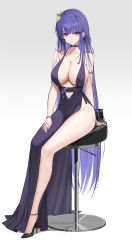 Rule 34 | 1girl, absurdres, alternate costume, bare shoulders, blunt bangs, bracelet, breasts, choker, closed mouth, clothing cutout, collarbone, dress, earrings, evening gown, flower, full body, genshin impact, groin, hair down, hair flower, hair ornament, high heels, highres, jewelry, large breasts, long hair, looking at viewer, mole, mole under eye, nail polish, necklace, plunging neckline, pumps, purple dress, purple eyes, purple hair, purple nails, raiden shogun, rikui (rella2930), shoes, side slit, simple background, sitting, solo, stiletto heels, stool, straight hair, thighs, very long hair, vision (genshin impact), white background