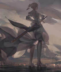 Rule 34 | 1girl, aenrs, armor, armored dress, armpits, artoria pendragon (fate), bad id, bad pixiv id, blonde hair, caliburn (fate), detached sleeves, closed eyes, fate/unlimited codes, fate (series), from below, highres, ponytail, saber (fate), saber lily, scabbard, sheath, sketch, solo