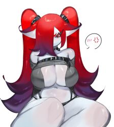 Rule 34 | animal ears, blush, breasts, cat ears, cat tail, cleavage, colored sclera, colored skin, furry, furry female, grey skin, highres, inner sideboob, large breasts, long hair, looking down, midriff, monster girl, multicolored hair, navel, off shoulder, original, purple hair, purple sclera, red eyes, red hair, ruby (togetoge), slime girl, tail, thick thighs, thighs, togetoge, twintails