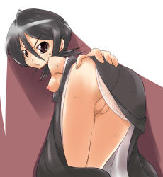 Rule 34 | 00s, 1girl, angry, ass, ass grab, bare shoulders, bent over, black hair, bleach, breasts, brown eyes, censored, hair between eyes, hand on own ass, japanese clothes, kimono, kuchiki rukia, looking back, morisaki hichimi, presenting, pussy, short hair, small breasts, solo, sweat