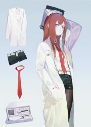 Rule 34 | 1girl, 5pb., arm up, bad id, bad pixiv id, belt, black pantyhose, black shorts, brown hair, clipboard, closed mouth, collared shirt, dress shirt, frown, gradient background, hand in pocket, highres, hoshimawa, lab coat, pantyhose under shorts, long hair, long sleeves, looking at viewer, makise kurisu, necktie, nitroplus, pantyhose, pantyhose under shorts, purple eyes, red necktie, science adventure, shirt, shorts, solo, steins;gate, white shirt