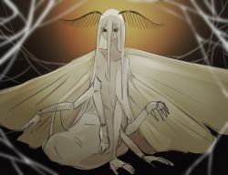 Rule 34 | 1girl, antennae, arthropod girl, breasts, extra arms, eyes visible through hair, female focus, hair between eyes, highres, insect girl, insect wings, long hair, monster girl, moth girl, no mouth, original, ruteko (ruko220), sitting, small breasts, solo, white hair, wings