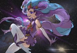 Rule 34 | 1girl, alternate costume, alternate hair color, boots, elbow gloves, gloves, glowing, glowing eye, high heel boots, high heels, highres, league of legends, lips, lipstick, long hair, magical girl, makeup, purple hair, star (symbol), star guardian (league of legends), star guardian zoe, thigh boots, very long hair, zoe (league of legends)
