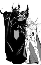 Rule 34 | 2boys, armor, black cape, breastplate, cape, cecil harvey, commentary, cuirass, cuisses, expressionless, fake horns, faulds, final fantasy, final fantasy iv, full armor, full body, golbez, greaves, greyscale, hand up, headband, helm, helmet, highres, holding, holding polearm, holding weapon, horned helmet, horns, knight, korean commentary, long hair, looking to the side, male focus, mazimagheotgeot, monochrome, multiple boys, outstretched hand, pauldrons, polearm, poleyn, sabaton, shoulder armor, simple background, solo, spiked armor, spiked pauldrons, vambraces, wavy hair, weapon, white background