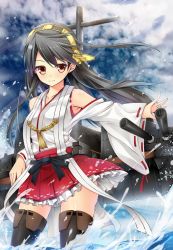 Rule 34 | 10s, 1girl, bare shoulders, black hair, blush, breasts, detached sleeves, hairband, haruna (kancolle), japanese clothes, kantai collection, kuragari, long hair, no legwear, personification, red eyes, skirt, smile, solo, thighhighs, water